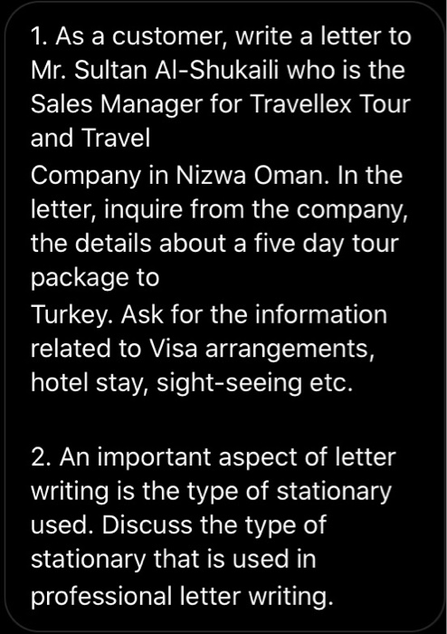 1. As a customer, write a letter to Mr. Sultan