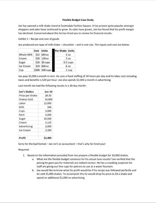 2 oz Flexible Budget Case Study Joe has opened a