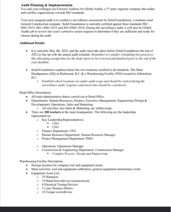 Audit Planning & Implementation You and your