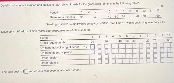 "Holding cost =$1.50 /unitweek; setup cost =$150;