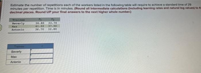 Estimate the number of repetitions each of the