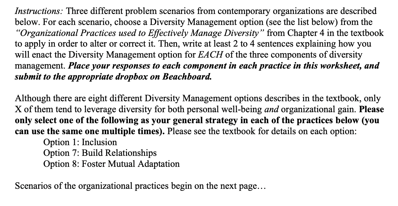Instructions: Three different problem scenarios
