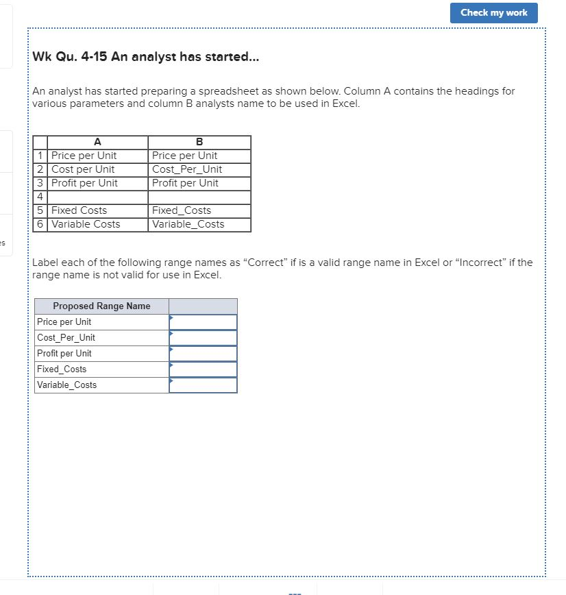Check my work Wk Qu. 4-15 An analyst has