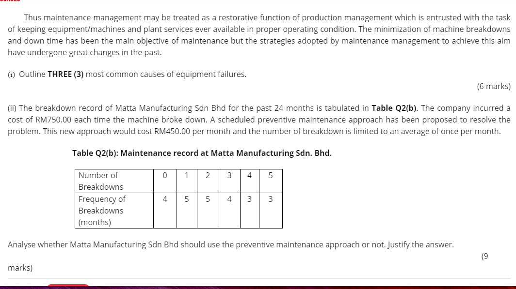 Q2) b) Maintenance management is an important