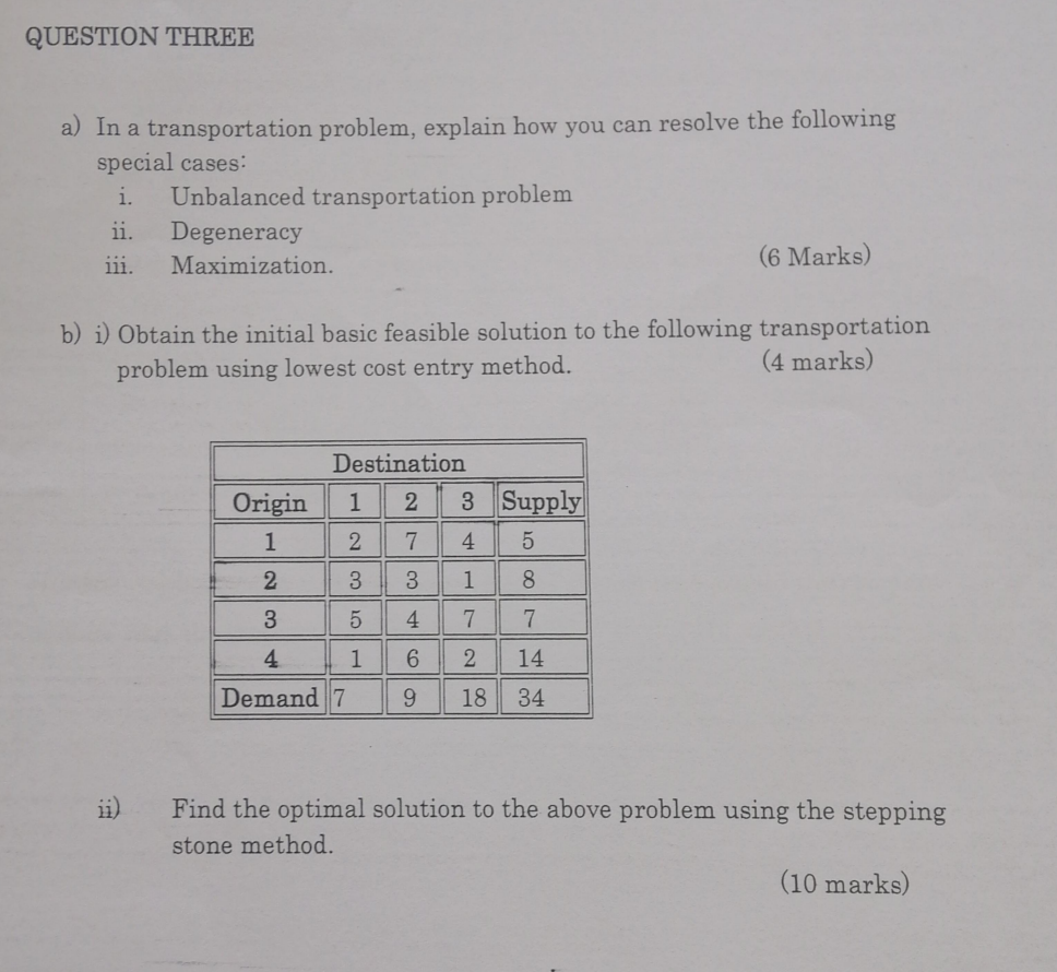 RESEARCH OPERATION QUESTION THREE a) In a