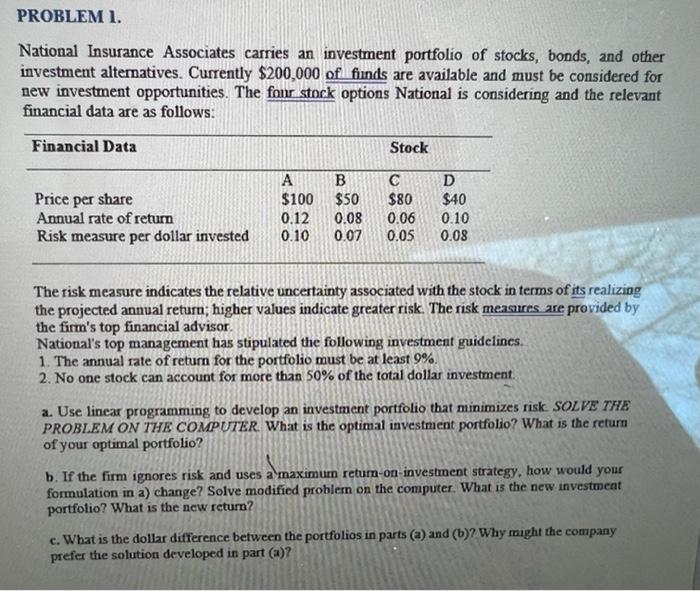 PROBLEM 1. National Insurance Associates carries