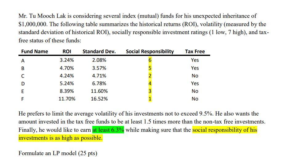 Mr. Tu Mooch Lak is considering several index