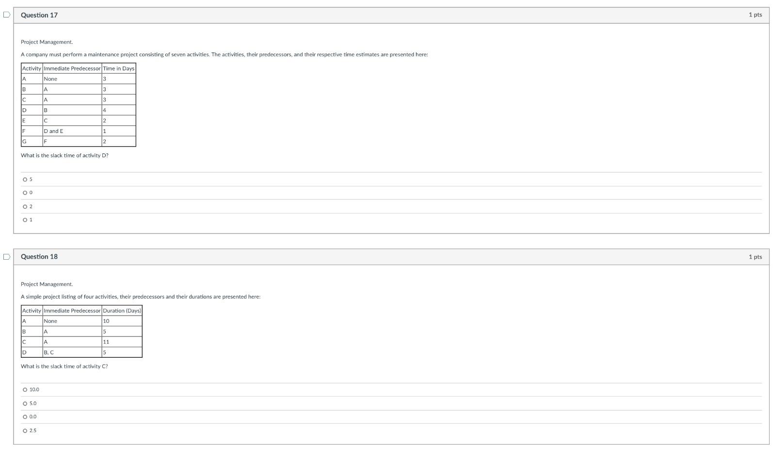 Question 17 1 pts Project Management. A company