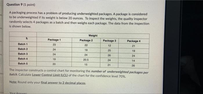 Question 9 (1 point) A packaging process has a
