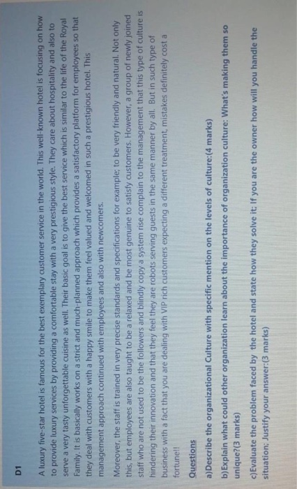 D1 A luxury five-star hotel is famous for the