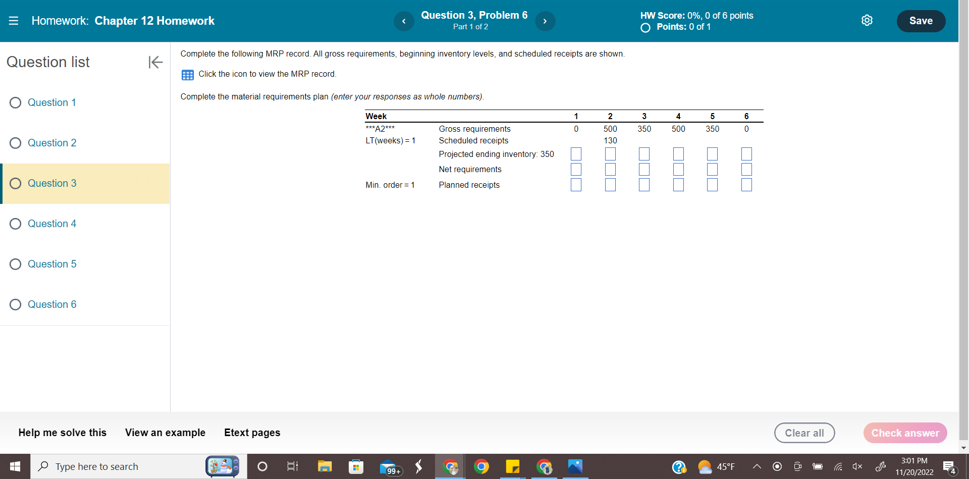 Iestion list 1 < Complete the following MRP