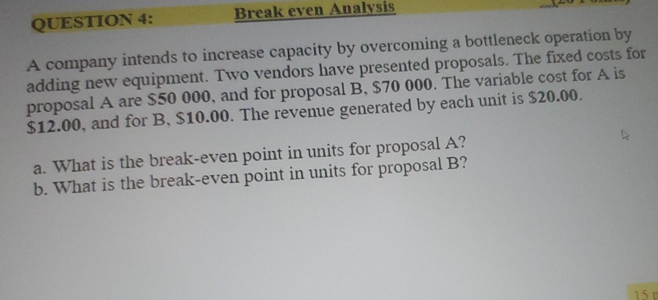Break even Analysis QUESTION 4: A company intends