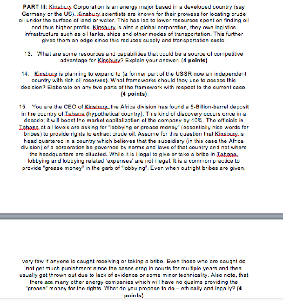 PART III: Kinsbury Corporation is an energy major