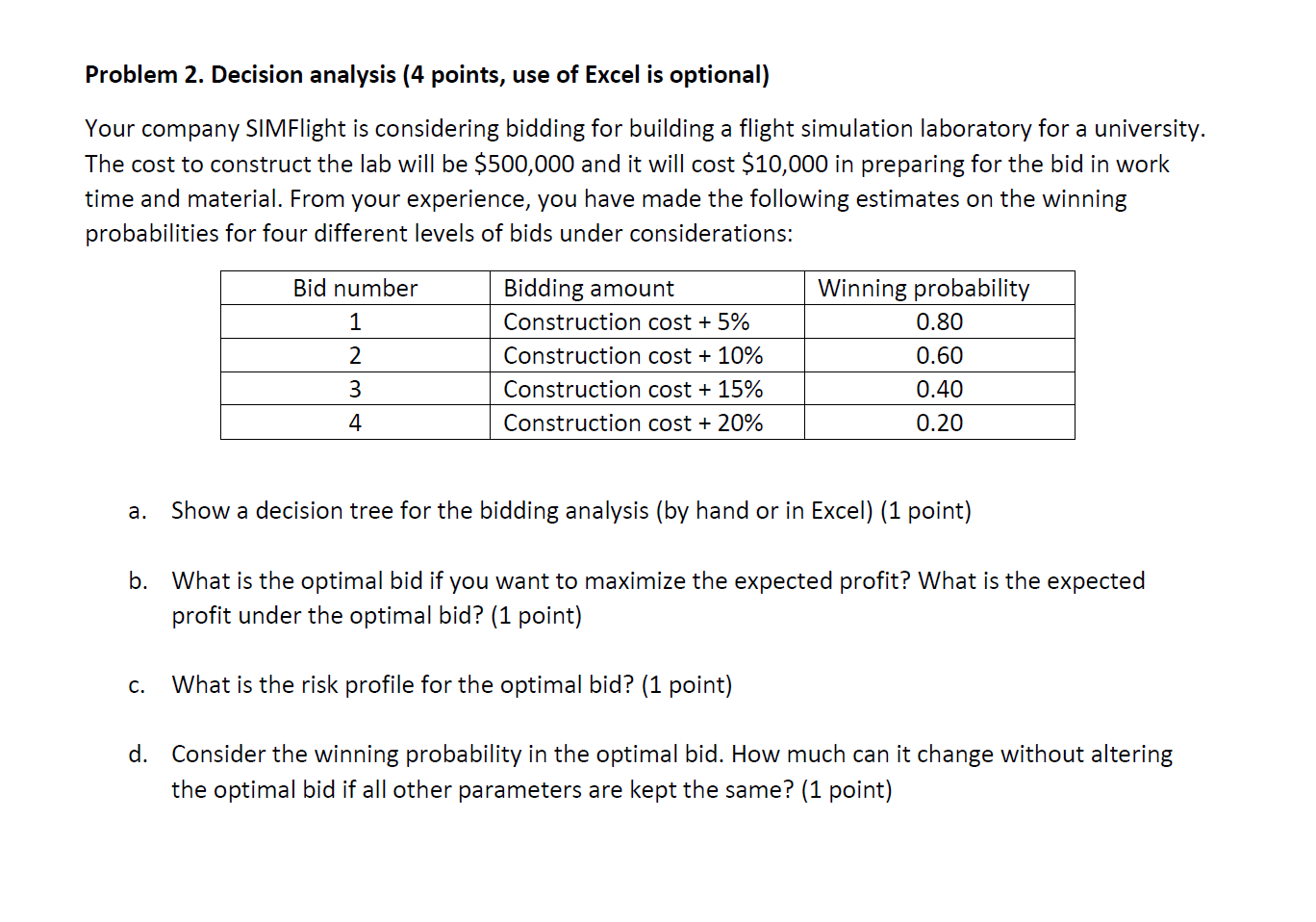 Problem 2. Decision analysis (4 points, use of