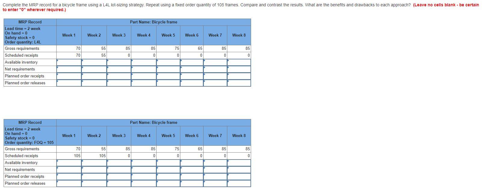 Complete the MRP record for a bicycle frame using