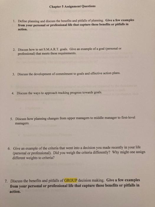 Chapter 5 Assignment Questions 1. Define planning