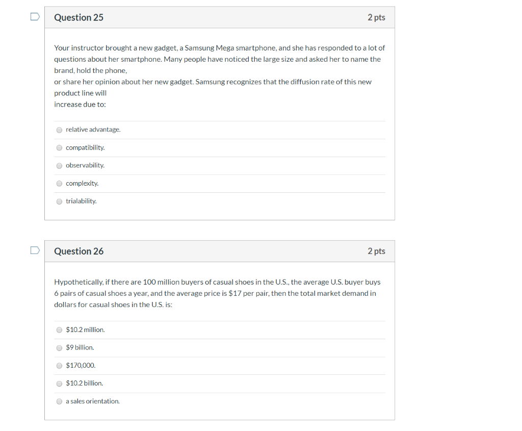 Question 25 2 pts Your instructor brought a new
