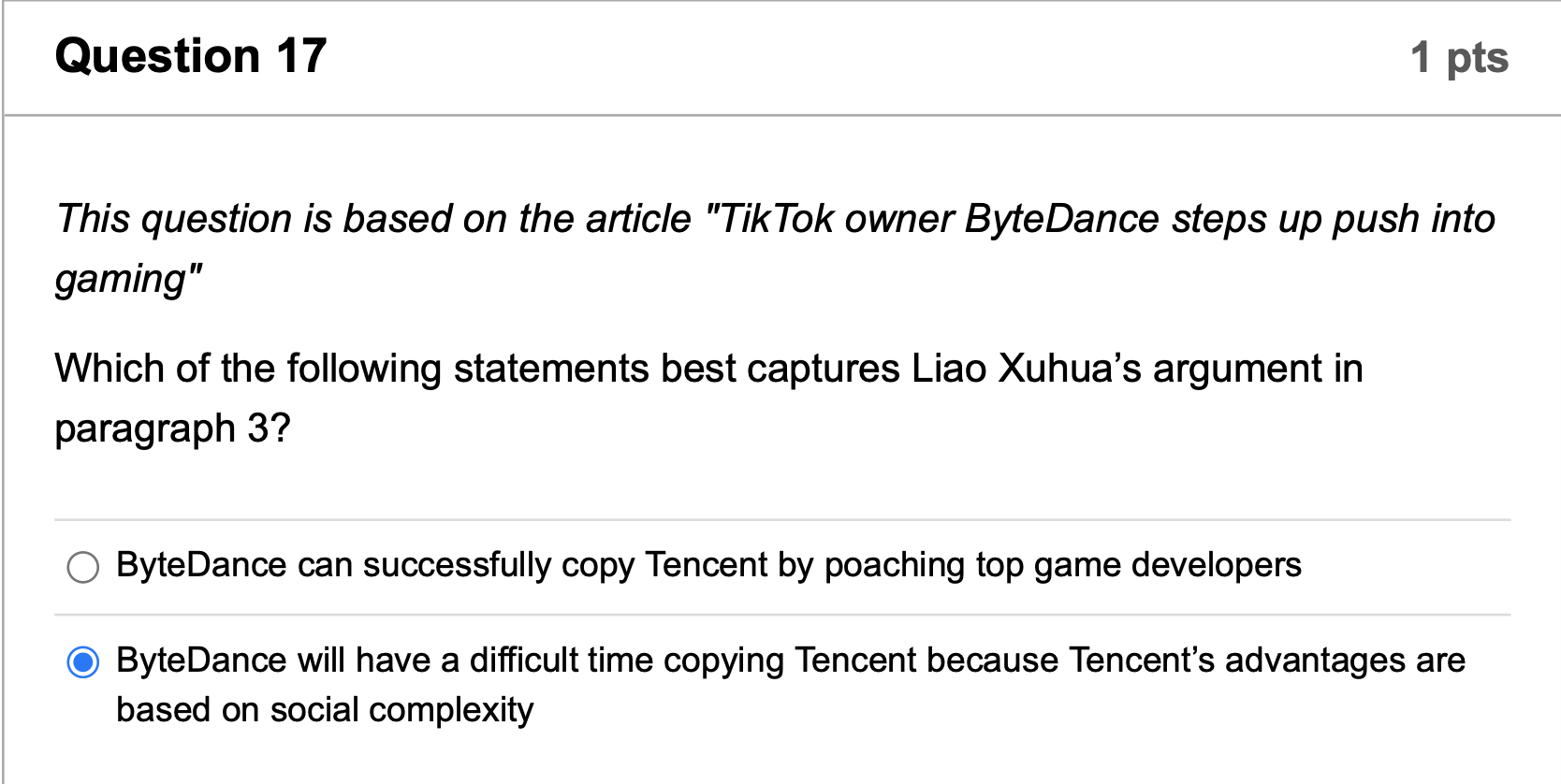 Question 17 1 pts This question is based on the