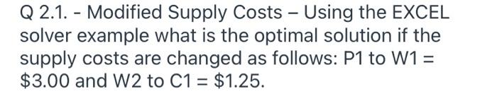 Q 2.1. - Modified Supply Costs - Using the EXCEL