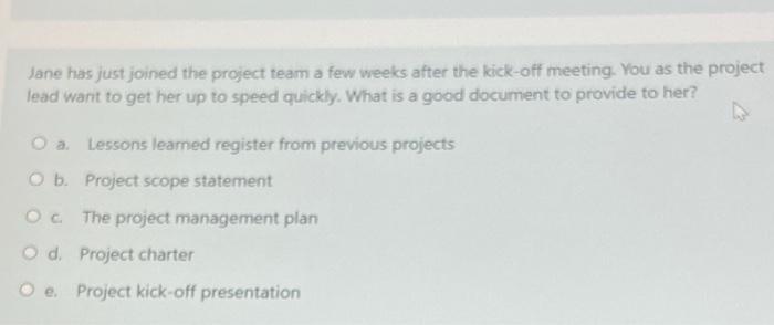 Jane has just joined the project team a few weeks