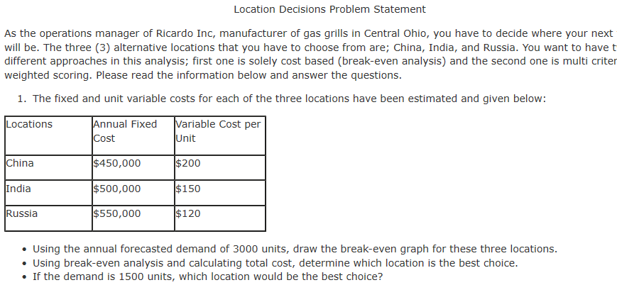 Answer using Excel Location Decisions Problem