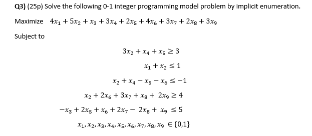Q3) (25p) Solve the following 0-1 integer