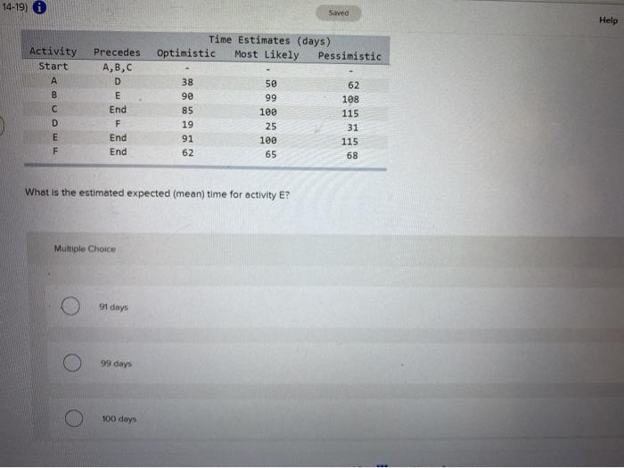 i need help 14-19) 0 Saved Help Time Estimates