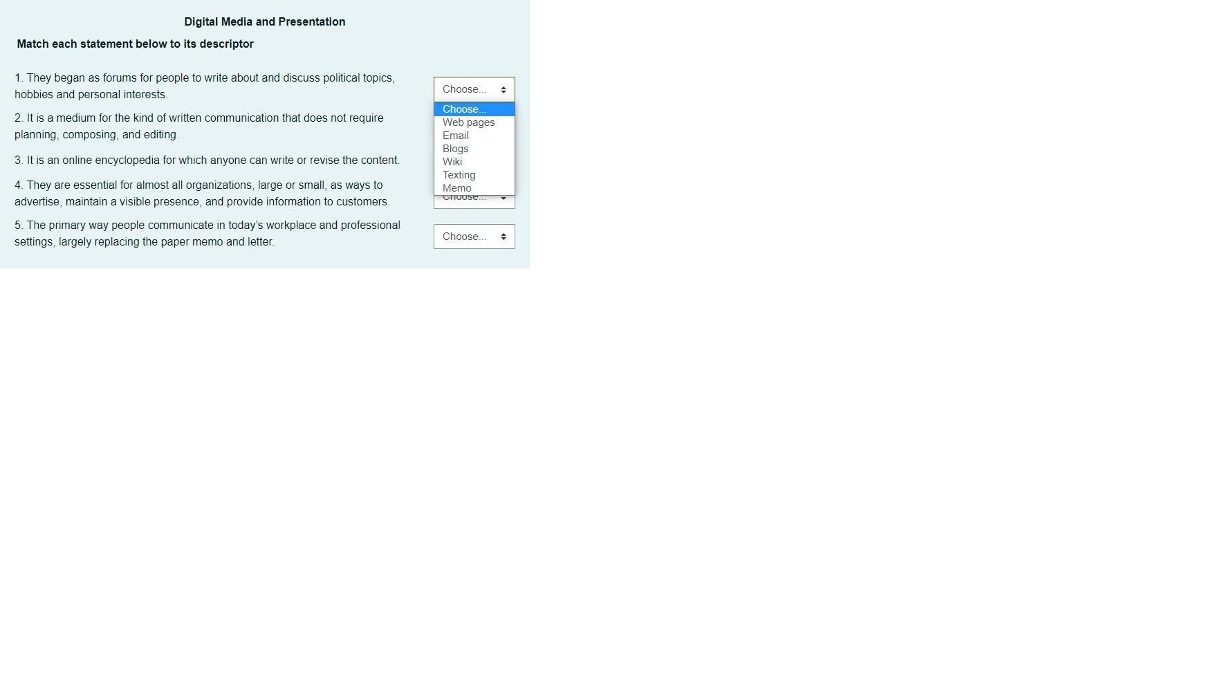 Digital Media and Presentation Match each