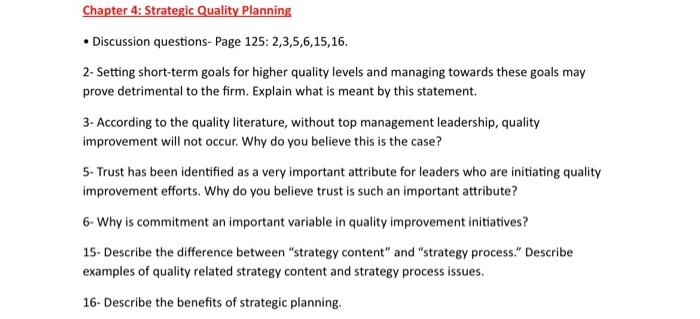 Chapter 4: Strategic Quality Planning Discussion