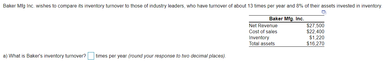 Baker Mfg Inc. wishes to compare its inventory