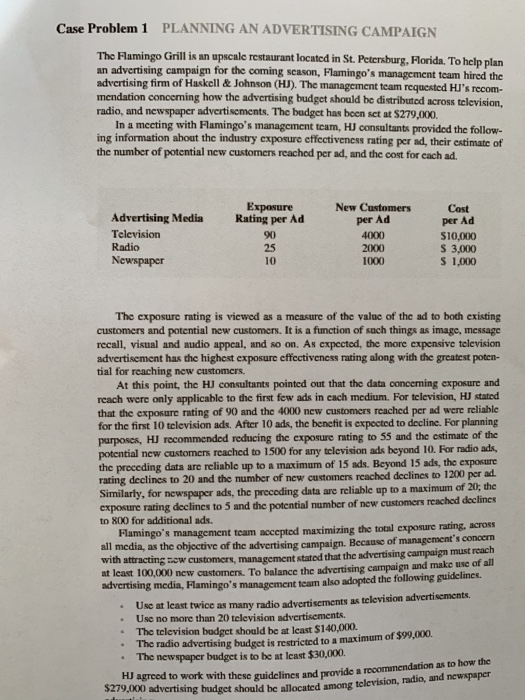 Case Problem 1 PLANNING AN ADVERTISING CAMPAIGN