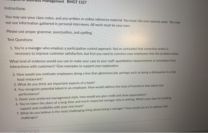 Management BMGT 1327 Instructions: You may use