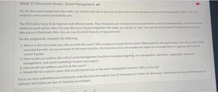 Week 11 Discussion Board - Event Management A+