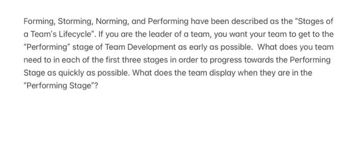 Forming, Storming, Norming, and Performing have