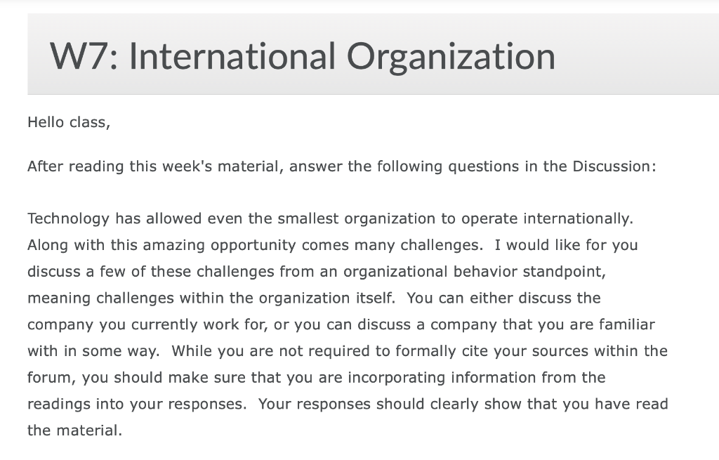 W7: International Organization Hello class, After