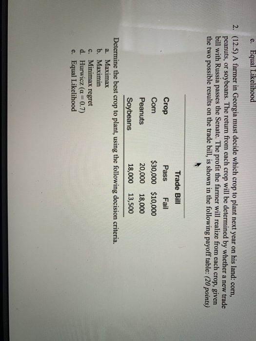 e. Equal Likelihood 2. (12.5) A farmer in Georgia