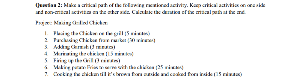 Question 2: Make a critical path of the following