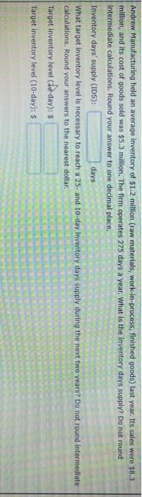 Andrew Manufacturing held an average inventory of