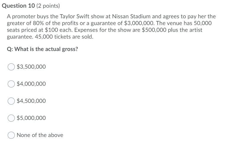 Question 10 (2 points) A promoter buys the Taylor
