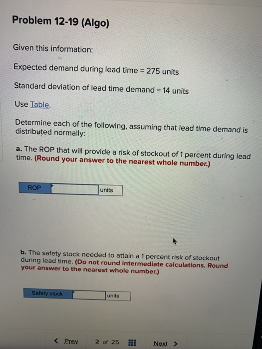 Problem 12-19 (Algo) Given this information: