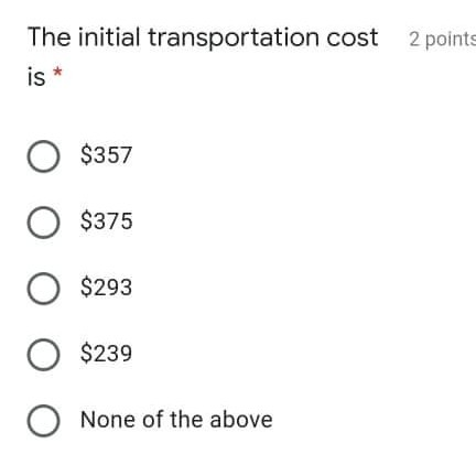 The initial transportation cost 2 points is *