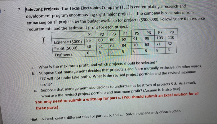 7. Selecting Projects. The Texas Electronics