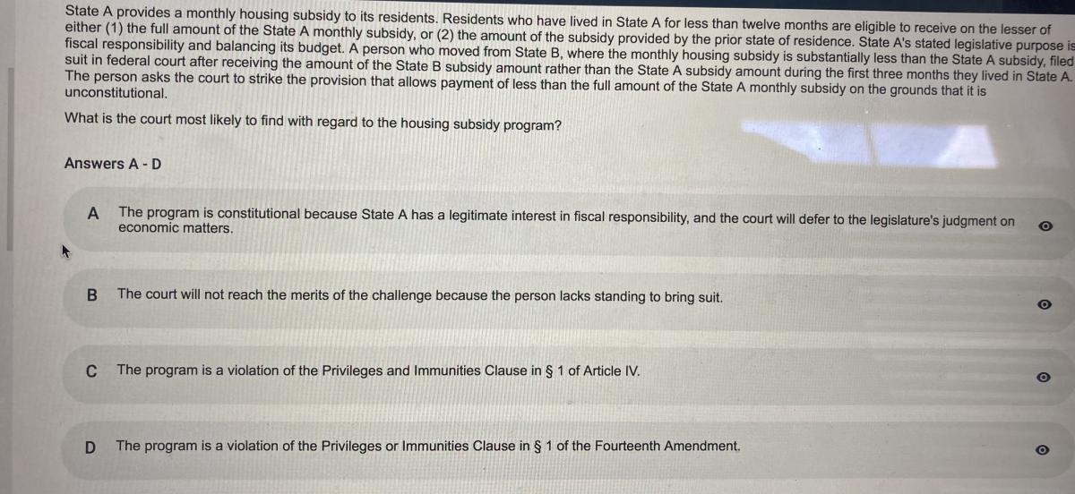 State A provides a monthly housing subsidy to its