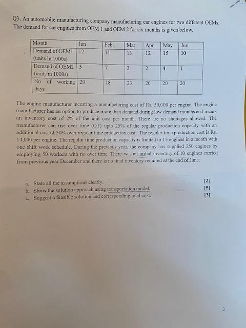 Q3. An automobile manufacturing company