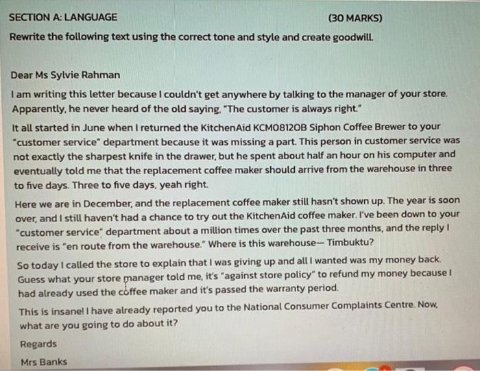 SECTION A: LANGUAGE (30 MARKS) Rewrite the