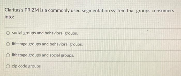 Claritas's PRIZM is a commonly used segmentation
