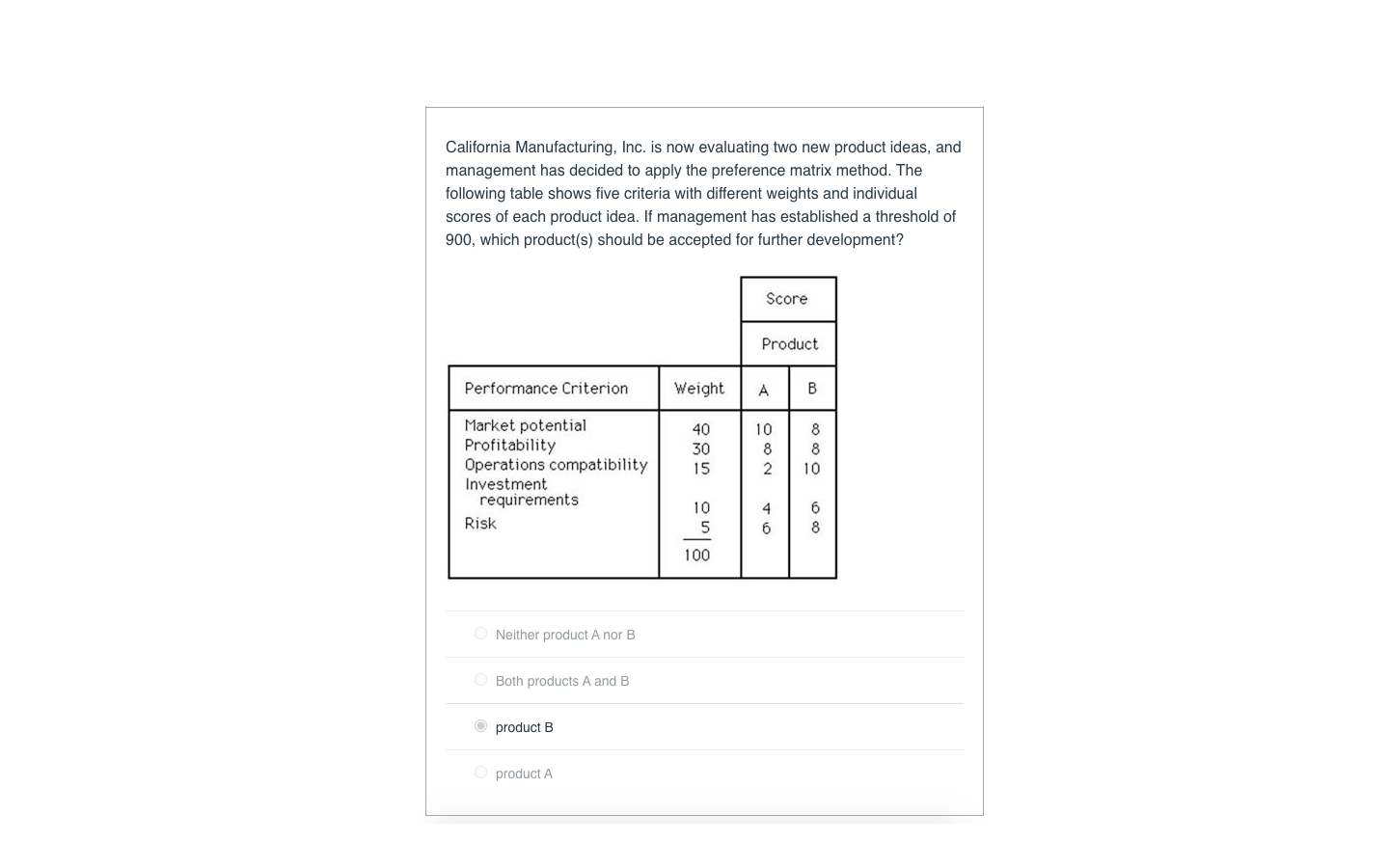 I actually got this problem wrong, product B is