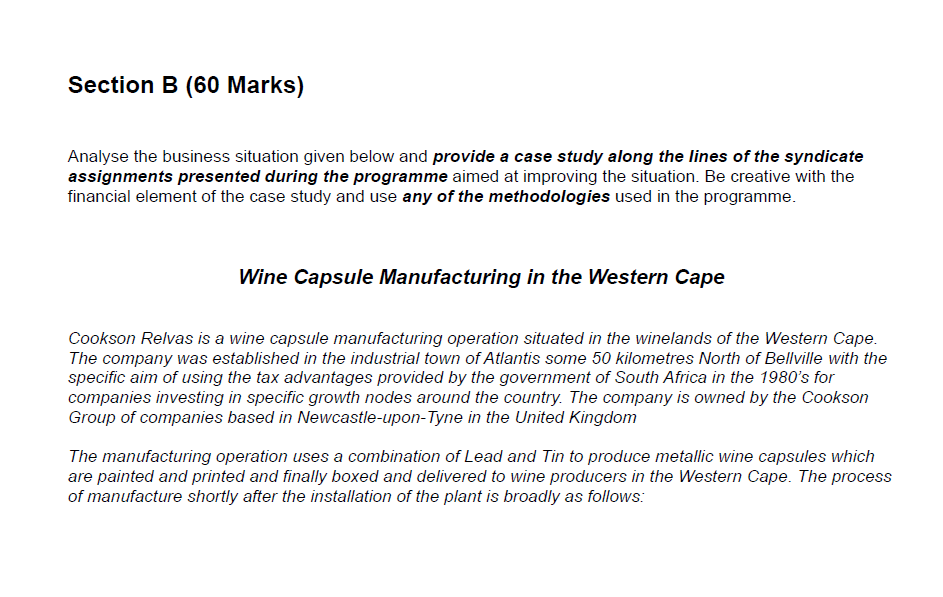 Section B (60 Marks) Analyse the business