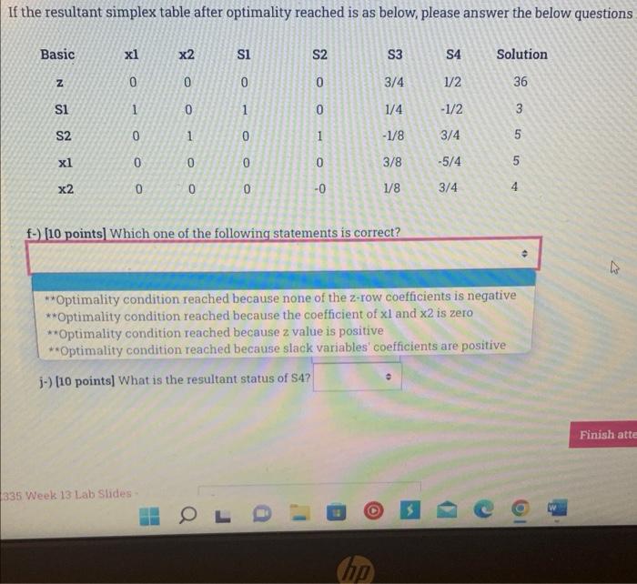 solve quick If the resultant simplex table after
