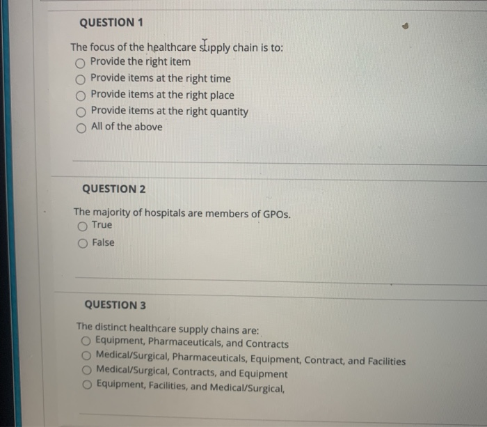QUESTION 1 The focus of the healthcare supply